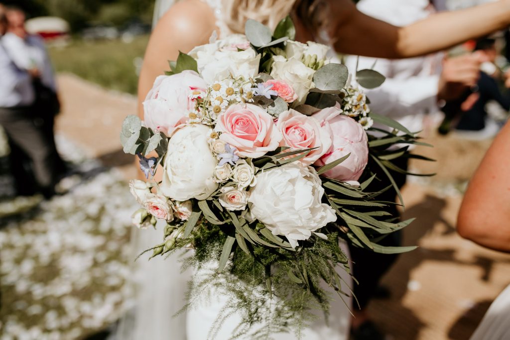 boho styled blush and white hand tied wedding boquet 