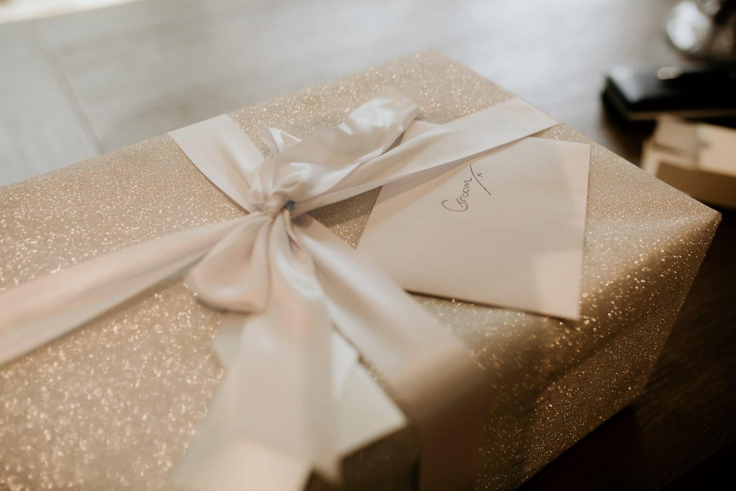 luxury manor house hotel wedding beautifully wrapped gift for the groom