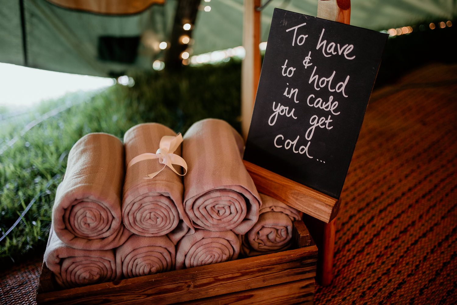 fun boho tipi wedding Hereford personalised blankets for wedding guests