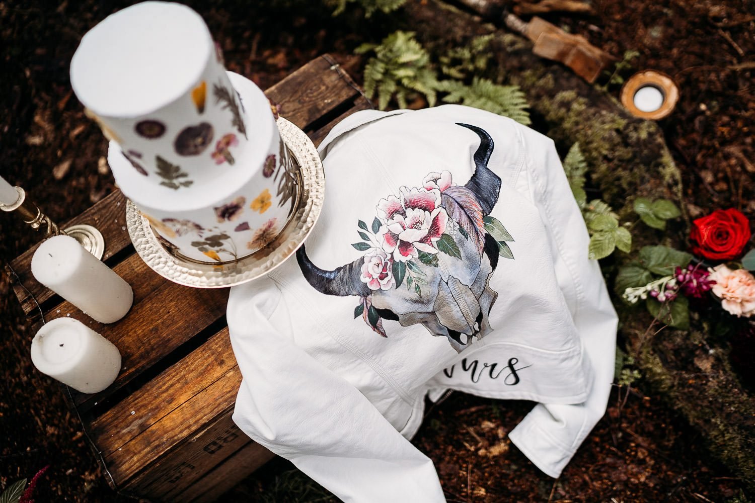 handpainted white leather bride jacket with deer skull and flowers
