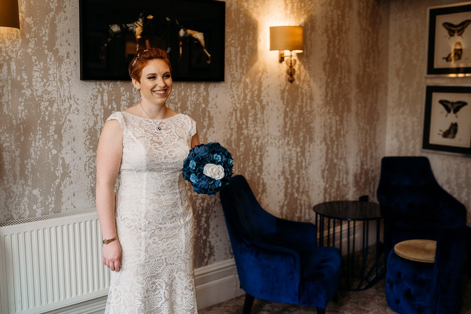 bride seeing father of bride for first time during first look at mercure hotel wedding