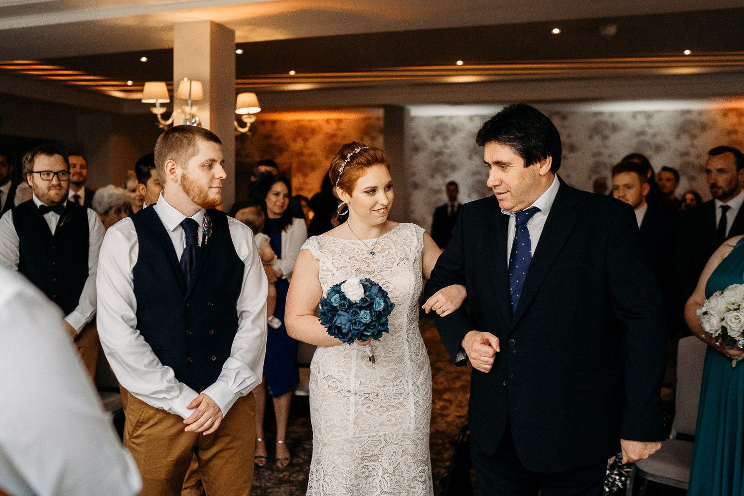 father of the bride giving bride away during wedding ceremony at elcot park hotel