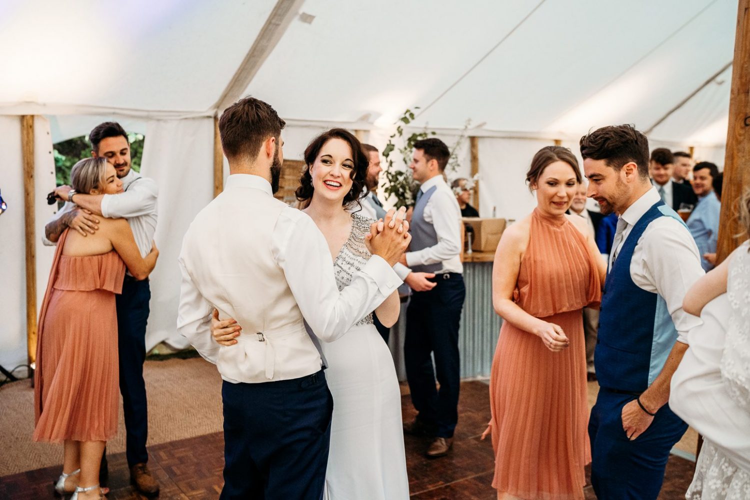 bride and groom laughing during first dance at oxford wedding
